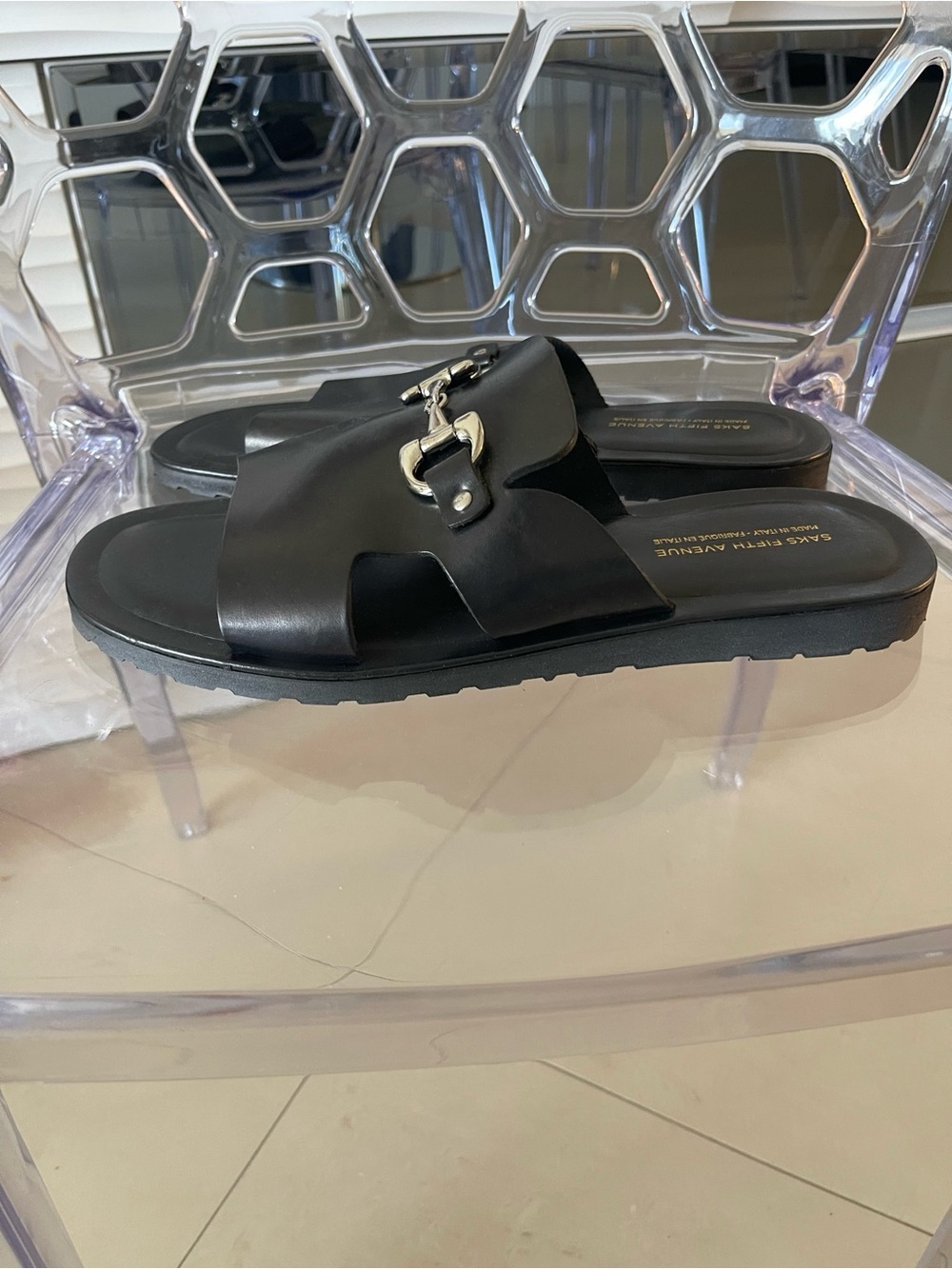 Saks Fifth Avenue Black Italian-Made Leather Slide Men’s Sandals Size 10.5